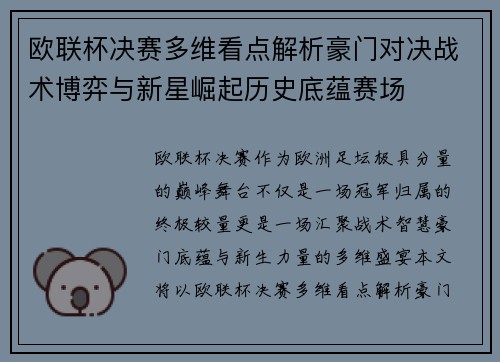 欧联杯决赛多维看点解析豪门对决战术博弈与新星崛起历史底蕴赛场